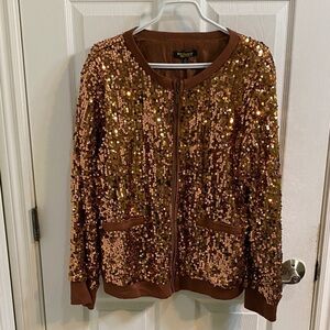 Twiggy London Bronze Sequin Womens Bomber Jacket Size 1X Evening Shimmer NYE